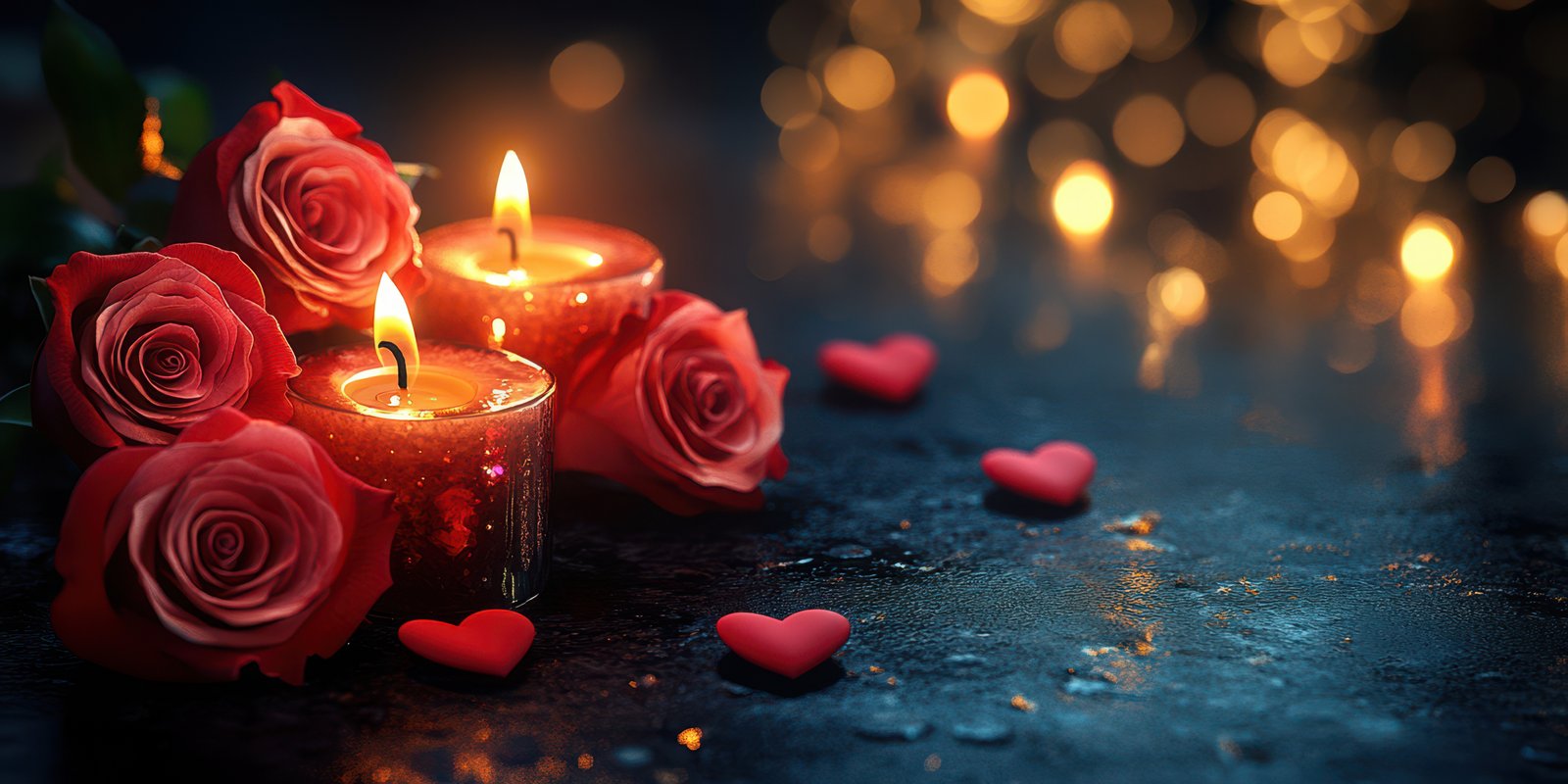 Romantic candlelit arrangement with red roses and heart decorations for special occasions